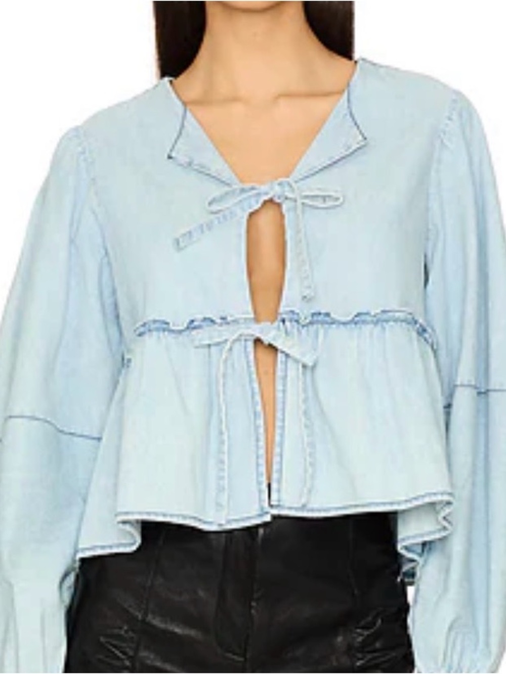 Free People Denim Brunch Babe Top Light Tint Wash Tie Front Medium